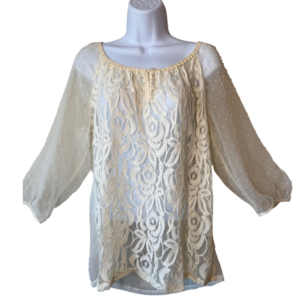 Metaphor Lace Sheer Blouse Cream Dot Mesh Peasant Top Romantic Boho Chic Size L